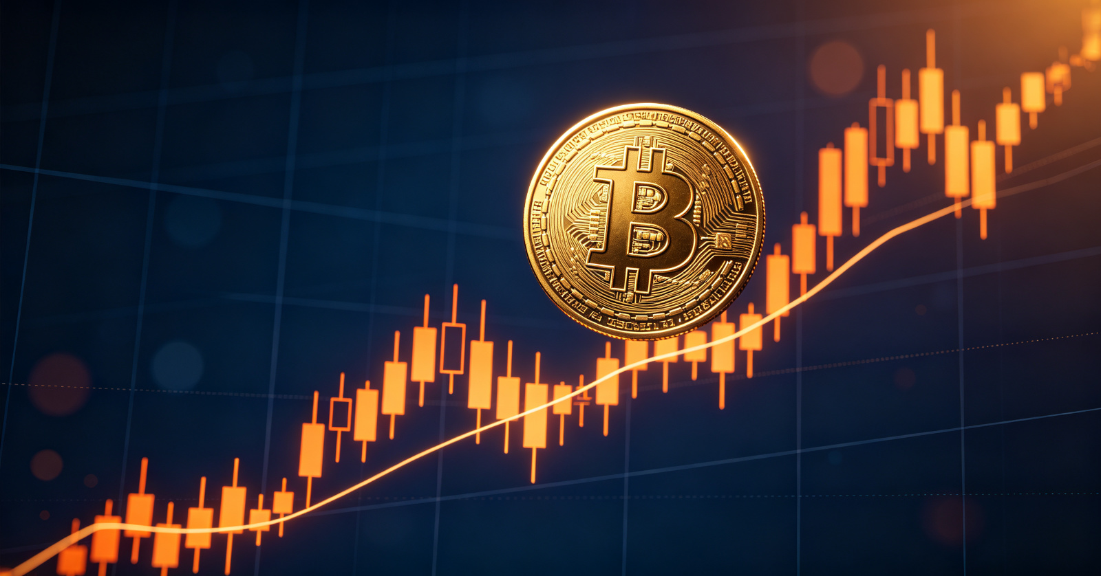 Golden Bitcoin coin above a rising candlestick chart on a dark navy background